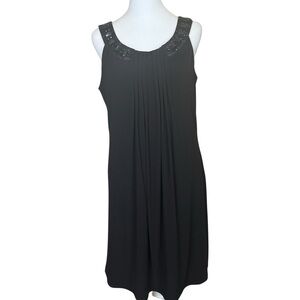 Julian Taylor‎ Black Swing Evening Dress Pleated Neck Jeweled Trim Size 12 Event